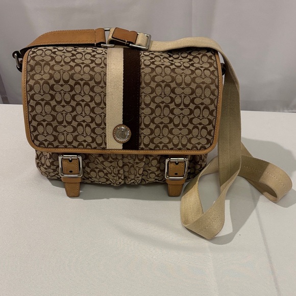 Coach Signature Brown and Cream Messenger Bag - Picture 1 of 6